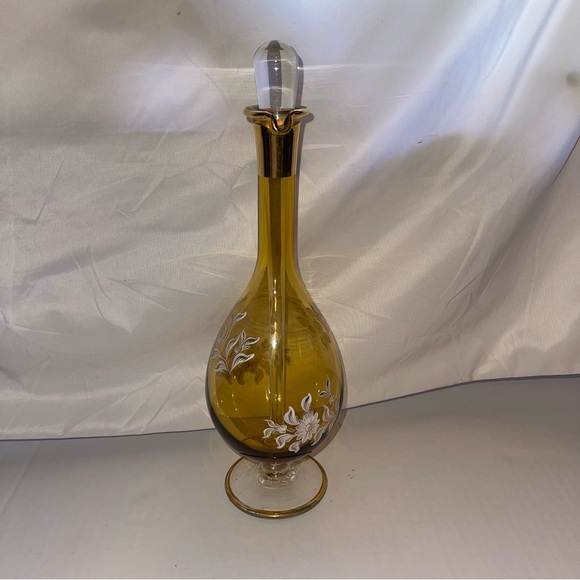 Vtg 14” Decanter Liquor Bottle Gold Gilt Hand Painted Flowers Made In Italy 18 K - Picture 3 of 9